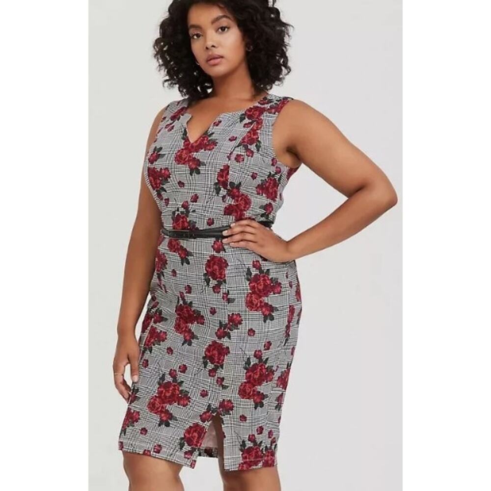 Torrid Houndstooth Red Floral Premium Ponte Sheath Bodycon Dress 20 *No Belt*